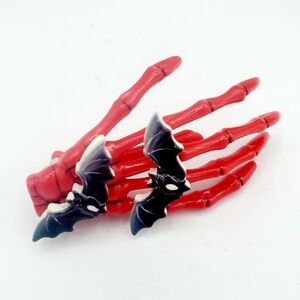 Black Bats Red Skeleton Hand Spooky Halloween Vampire Hair Clip